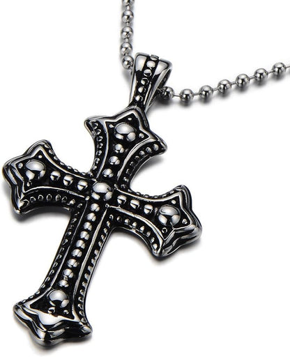 Men'S Stainless Steel Gothic Cross Necklace, Distressed Silver Tone Religious Pendant with Ball Chain, Vintage Biker Jewelry Gift