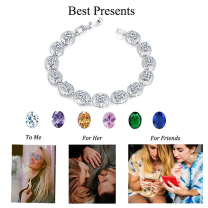 CANDICE Silver Plated Link Chain Bracelets Round Green Crystal Fashion Jewelry For Lady（Extended Clasp）