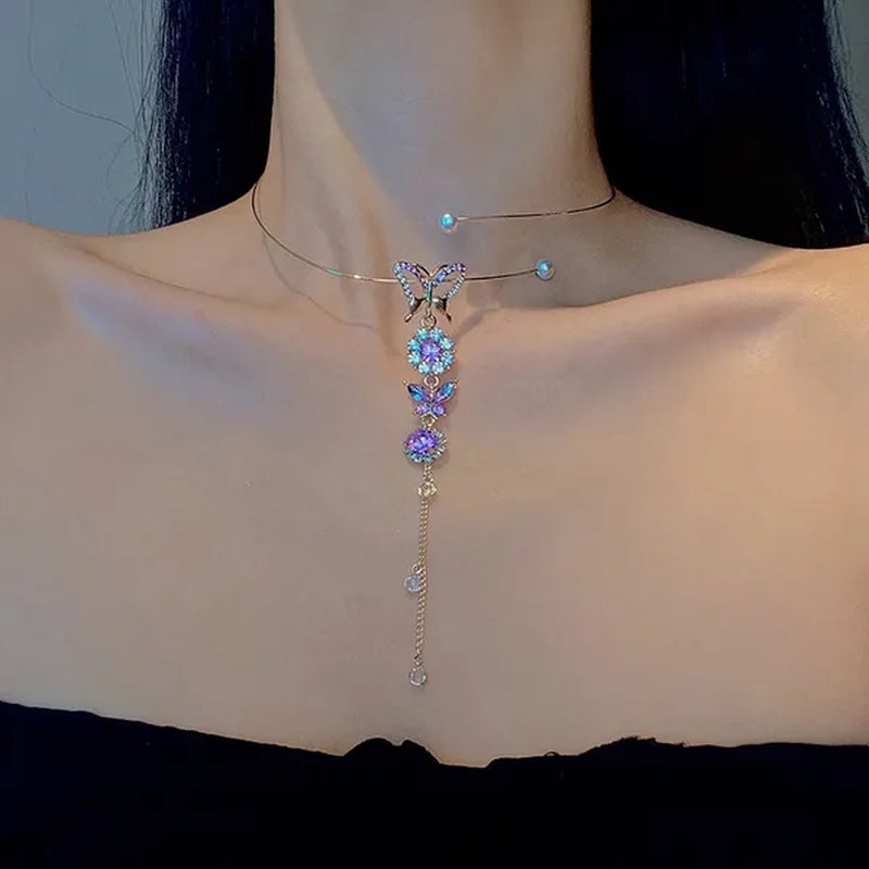 Elegant Metal Round Chain Choker Jewelry for Women Girls Fashion Purple Crystal Butterfly Necklace