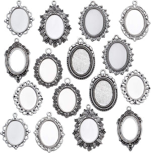 16 Pieces Bezel Pendant Trays, 18X25Mm Oval Pendant Trays Bezels Cabochon Settings Trays Pendant Blanks for Crafting DIY Jewelry Making - 8 Styles, Antique Silver