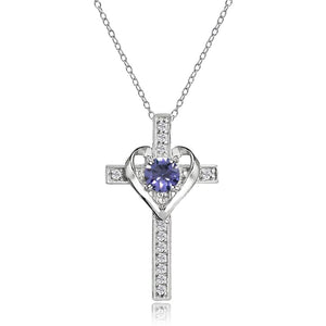 Sterling Silver Tanzanite and White Topaz Heart Cross Birthstone Pendant Necklace
