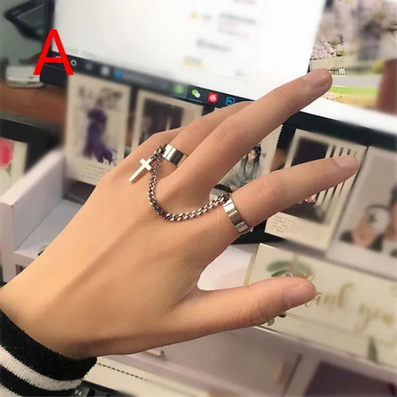 New Fashion Silver Color Hip-Hop Cross Ring Hand Finger Chain Adjustable Rings for Women Men Punk Jewelry Gifts