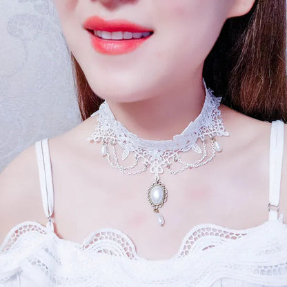 White Lace Necklace Chokers Black Collares Vintage Style Female Gothic Wedding Red Rose Crystal Diamond Pendant Collarbone Necklaces Chain Accessories for Women Girls - WORLD TIME VISITS