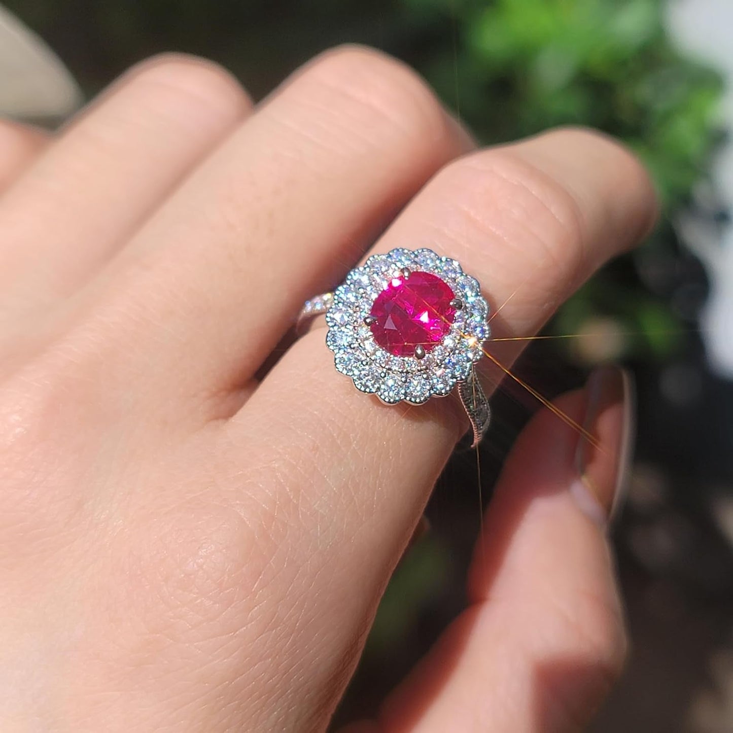 Ruby Rings Engagement Ring for Women 2Ct Oval Cut Created Ruby/Cut Moissanite, Milgrain Floral Double Halo Wedding Ring Moissanite Accents 14K Gold QUALITY Sterling Silver