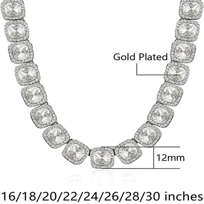12mm Iced Out Square Tennis Chain Necklace,Diamond Cuban Link Necklace Hip Hop Jewelry with For Men Women Charm Jewelry
