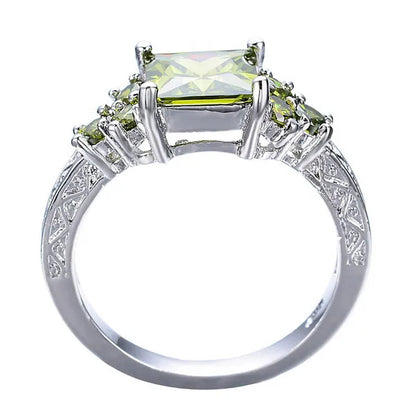 Unique Princess Cut Peridot Sapphire 925 Silver Platinum Ring Exquisite Dainty Ring Size 5-11