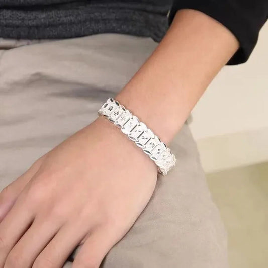 FASHION 925 Sterling Silver Men's Flower Detail Chain Bracelet