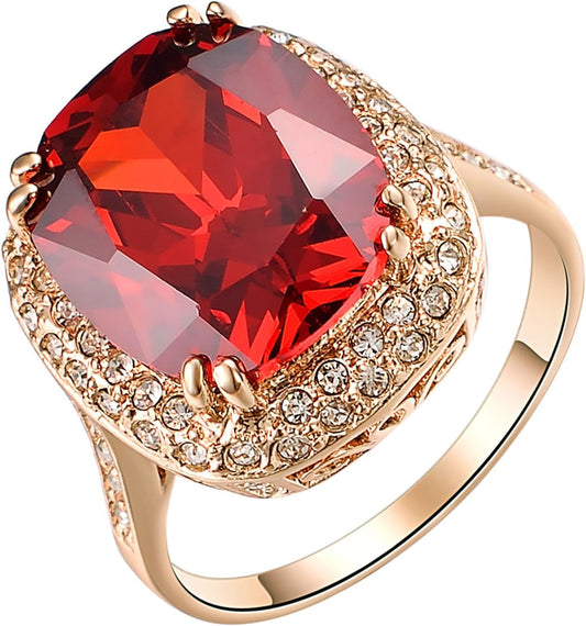 Red Fashion Cz Rings for Women Wedding 18K Rose Gold Plated Big Halo Austrian Crystal Square Cut Cubic Zirconia Costume Jewelry Ruby Ring
