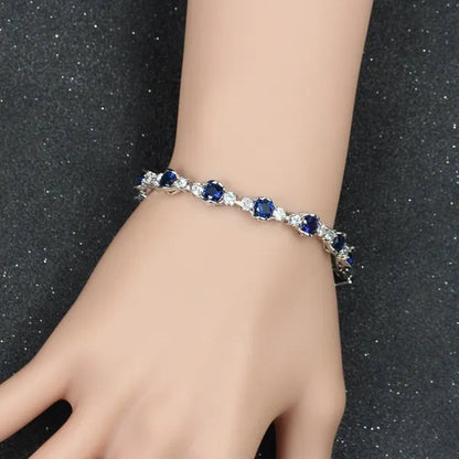 Gloriya High-Grade CZ Evening Party Jewelry For Woman Hand-inlay Round Blue Crystal Silver Plated Tennis Bracelet