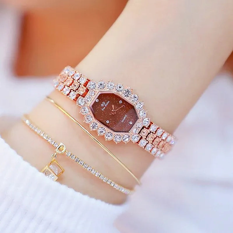BS Brand Fashion Watches Women Ladies Diamonds Small Bracelet Watch Green Stone Gold Waterproof Montre Femme