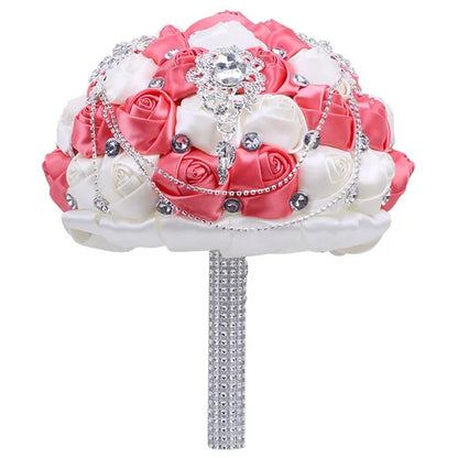21CM Beautiful Rhinestone Tassel Wedding Bouquet Diamond Brooch Bouquet Satin Rose Bridal Holding Flower DIY Wedding Supplies