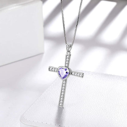 Heart Birthstone Necklace/Ring,925 Sterling Silver Women Cross/Heart 12 Birth Stones Jewelry for Birthday Gift Anniversary Wedding