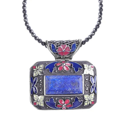 Shop LC Lapis Lazuli Enameled Stainless Steel Pendant with Hematite Beads Necklace 18" Fashion Bridesmaids Delicate Gift for Women