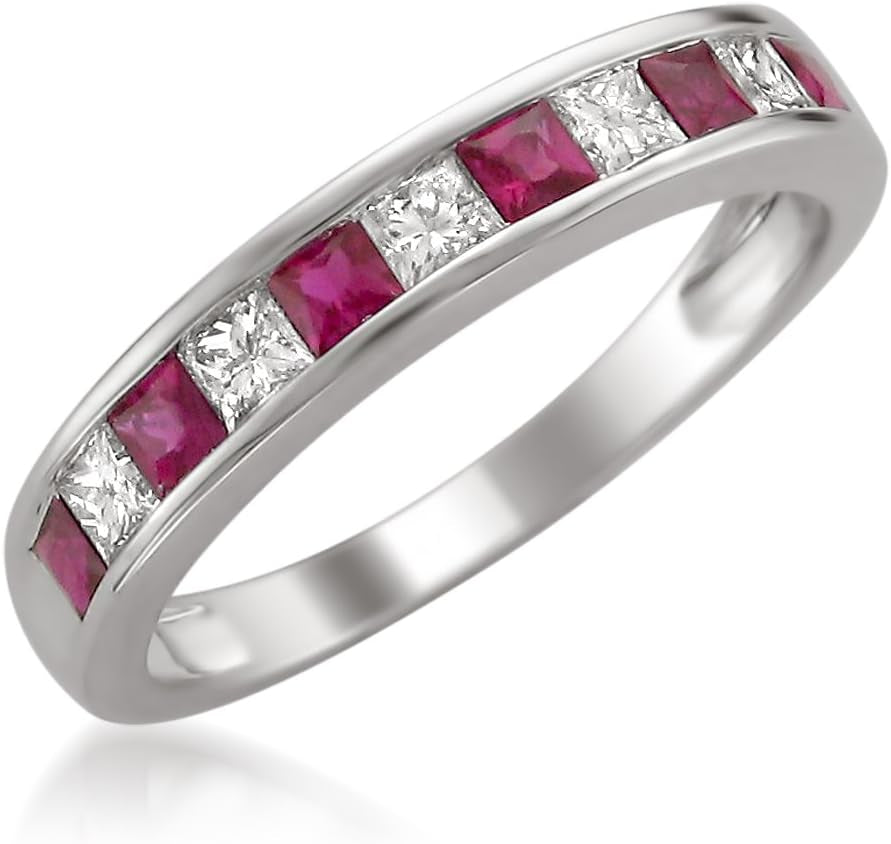 1/2 Carat Diamond,14K Gold Channel Set Princess-Cut Diamond Wedding Band (H-I, I1-I2) Real Diamond for Women Gift Box Included (Ruby & Blue Sapphire,White & Yellow Gold)