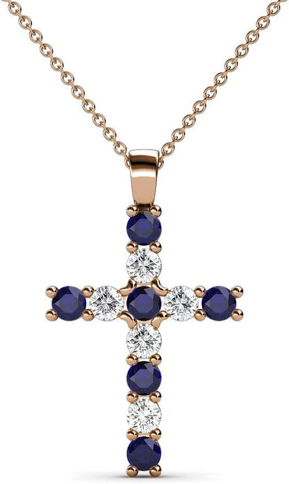 Petite Blue Sapphire & Natural Diamond (SI2-I1,G-H) Cross Pendant 0.34 Ctw 14K Gold. Included 16 Inches 14K Gold Chain.
