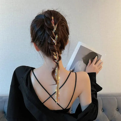 Fashion Flashing Diamond Chain Hairpin Tassel Braided Hair Hairpin for Women Girls