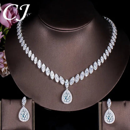 CANDICE Wedding Banquet Jewelry Sets for Brides Waterdrop Earrings Necklace Set Pear Cut Blue Zirconia Silver Plated