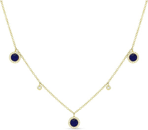 14K Yellow Gold round Shape 0.25Ct Lapis Lazuli & 0.15Ct White Diamond Pendant Necklace