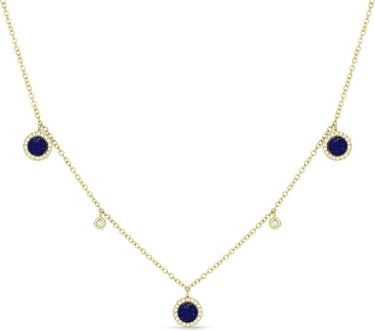 14K Yellow Gold round Shape 0.25Ct Lapis Lazuli & 0.15Ct White Diamond Pendant Necklace