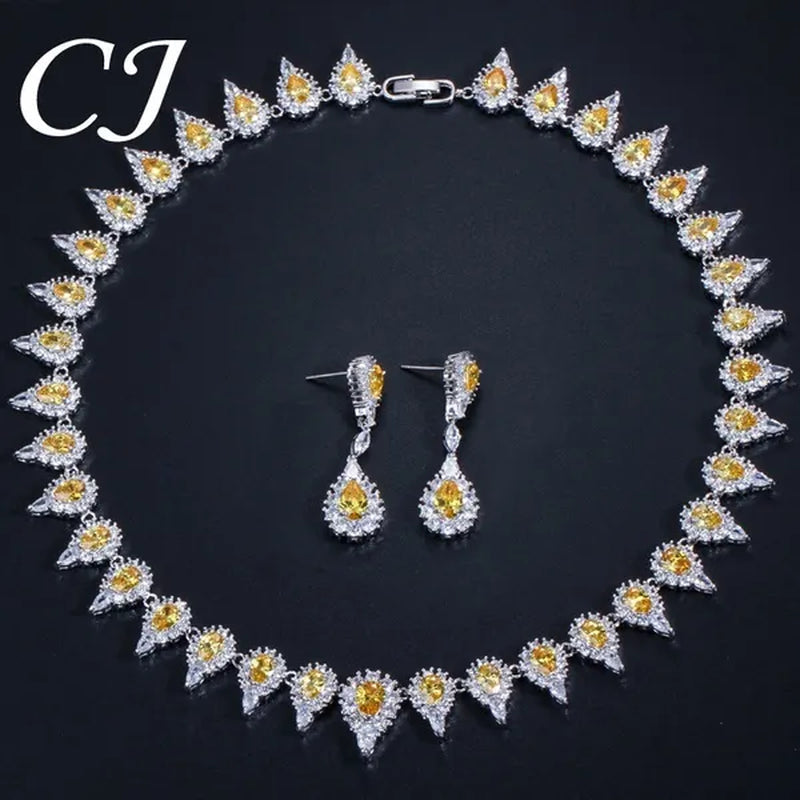 CANDICE White Gold Plating Sparkling Cubic Zirconia Choker Necklace Sets with Dangle Earrings Inlay Crystal Citrine Yellow Stone Evening Party Jewelry Set for Women