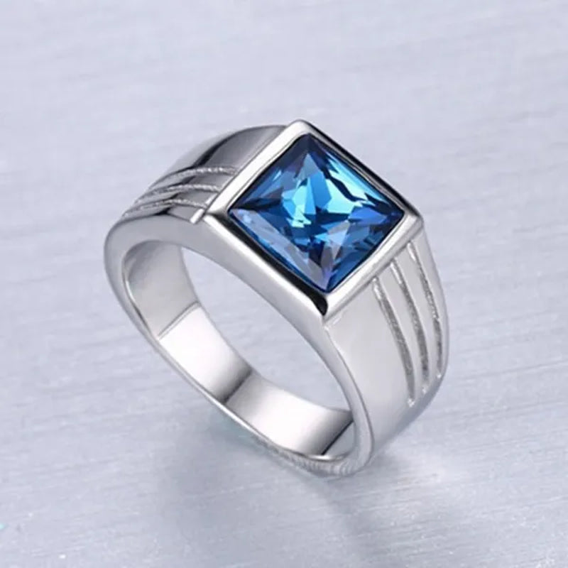 NOVE JEWELRY men fashion charm blue rhinestone fine ring 316L stainless steel exquisite wedding band rings silver + blue US Size 7 to 11