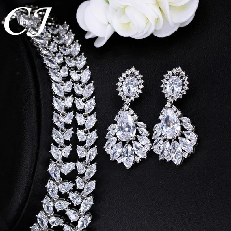 CANDICE Hand-Inlay Sparkling AAA+ CZ Stone Luxury Wedding Bridal Jewelry Set Classic Platinum Plated Water Drop Pendant Necklace Earrings for Women Party