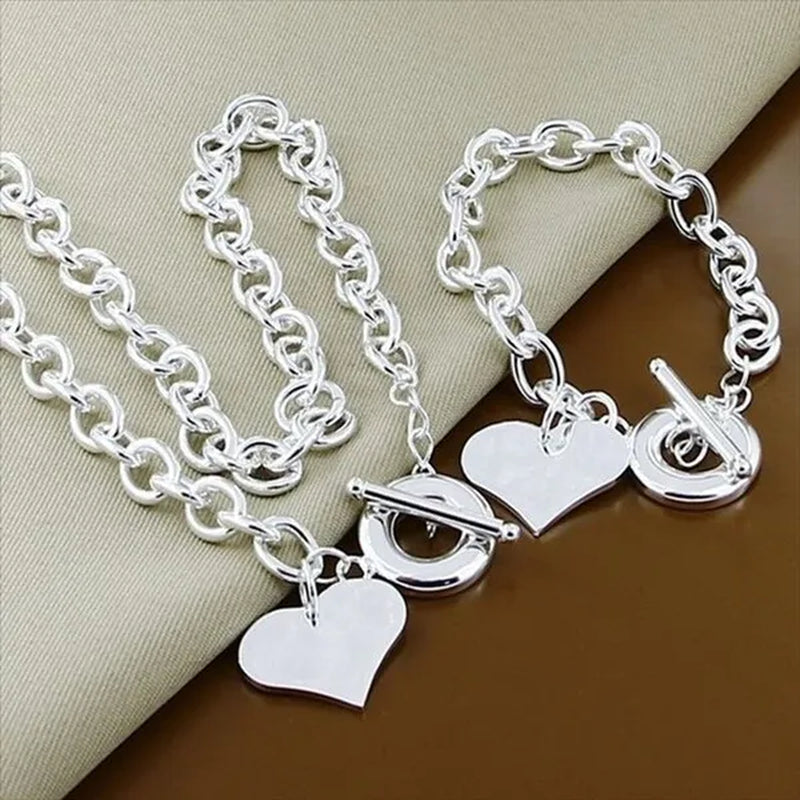 High Quality 925 Sterling Silver Heart Shape Pendant Necklace Bracelet Jewelry Sets for Women Men Classic Gift Wholesale