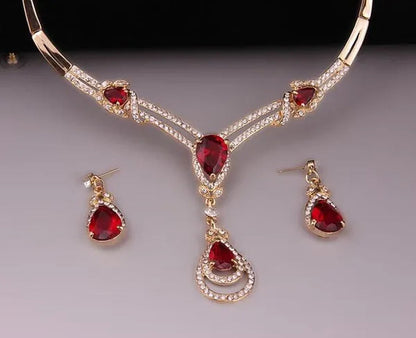 HOT Sale RED Garnet Ruby Topaz 18k Yellow/white Gold Plated Crystal Water Drop Necklace Earring Jewelry Set