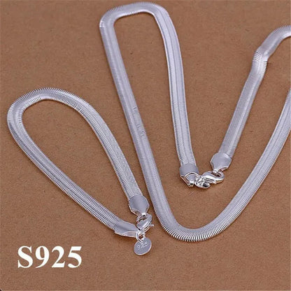 Women's Charm 925 Sterling Silver 6MM Fine Soft Flat Snake Chain Bracelets Elegant Necklace Bridal Wedding Jewelry Set