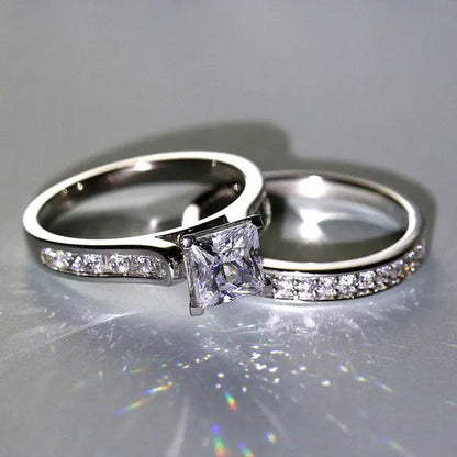 2Pcs / Set Classic Womens Fashion Gold / Silver / Black Diamond Ring Jewelry Exquisite Gold Ring Sets for Women Natural White Sapphire Rings Set Birthstone Princess Proposal Engagement Gold Ring Set Anniversary Party Romantic Bride Wedding Rings for Women
