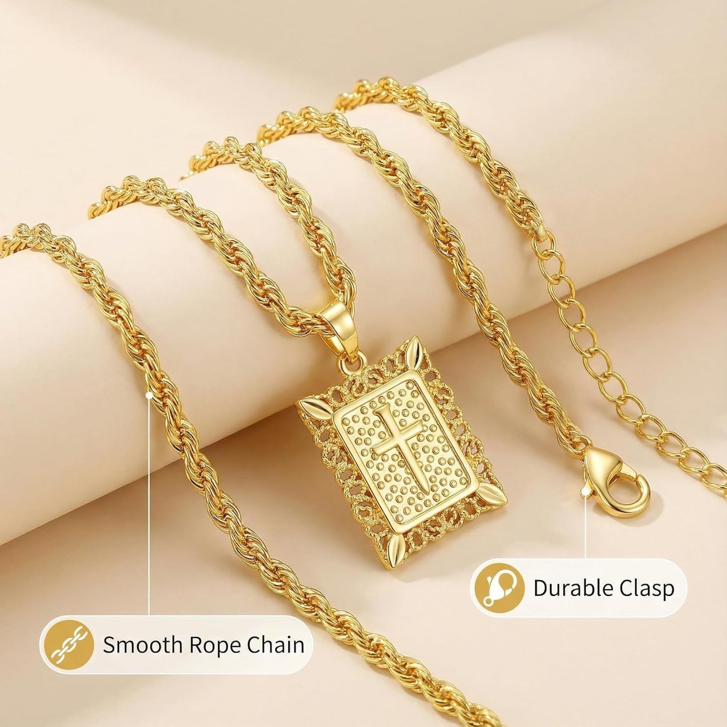 Cross Pendant Necklace for Women Men, 14K Gold/Silver Plated Square Faith Christian Figaro Chain Religious Jewelry Gift for Christian