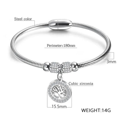 Gold Plated Tree of Life Bangle Bracelet Women Stainless Steel Family Tree Charm Bracelets with AAA Rhinestones & Magnetic Buckle
