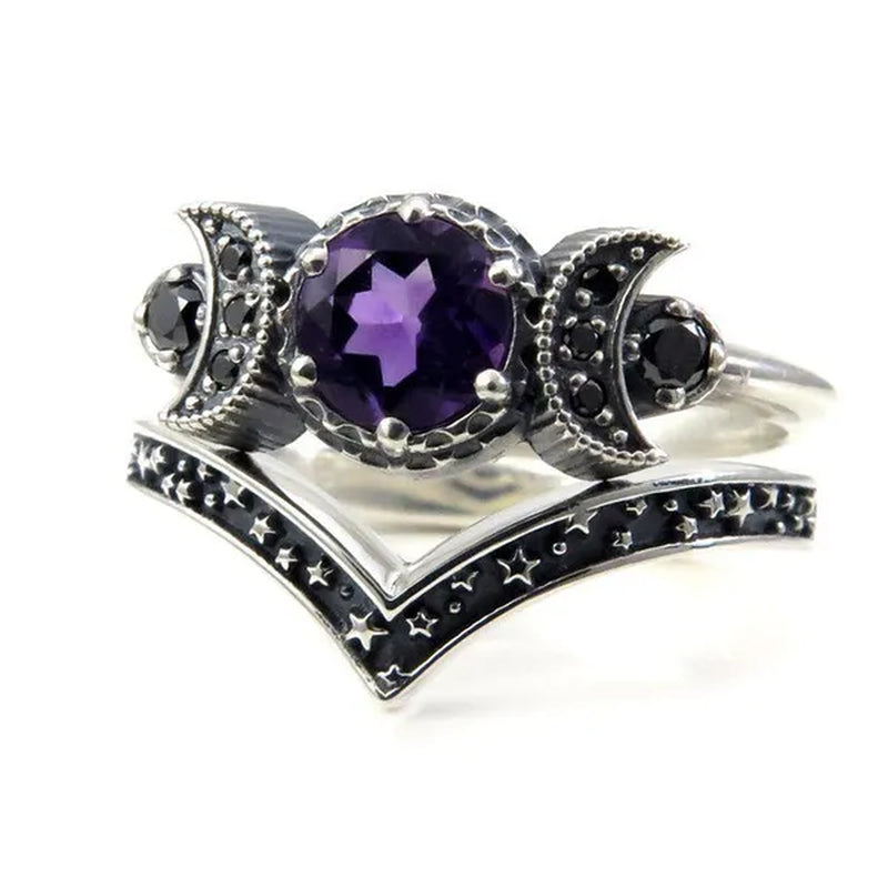 Hecate Triple Moon Ring Set Silver and Black Diamond Engagement Rings Amethyst or Red Crystal Wedding Ring Unique Moon Goddess Rings for Women Fashion Jewelry Boho & Hippie & Gothic Anniversary Gift