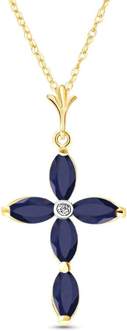 14K Gold Genuine Diamond & Blue Sapphire Cross Pendant Necklace