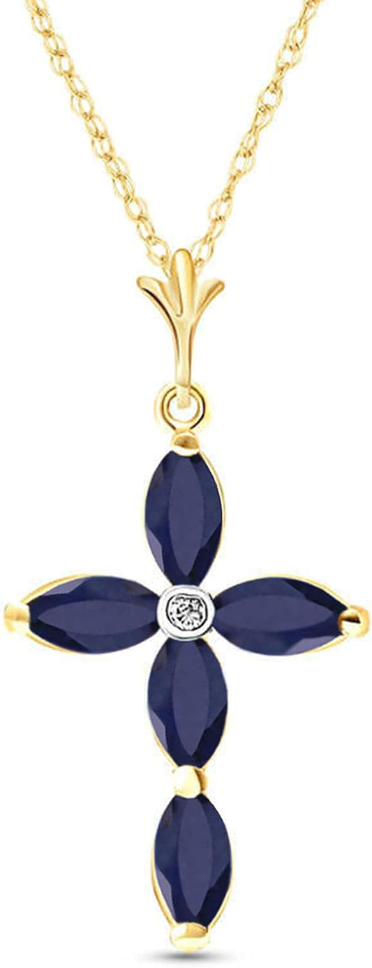 14K Gold Genuine Diamond & Blue Sapphire Cross Pendant Necklace