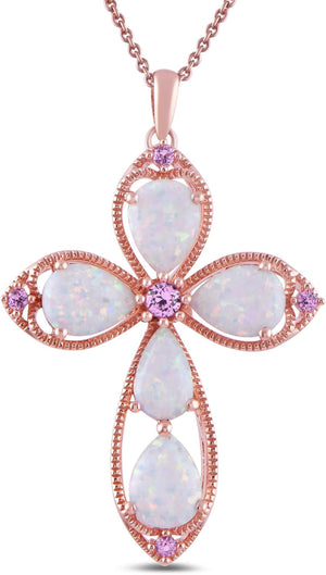 Womens 14K Rose Gold over Sterling Silver Created Opal with Created Pink Sapphire Cross Pendant Necklace, 18", (Previously Amazon Collection)