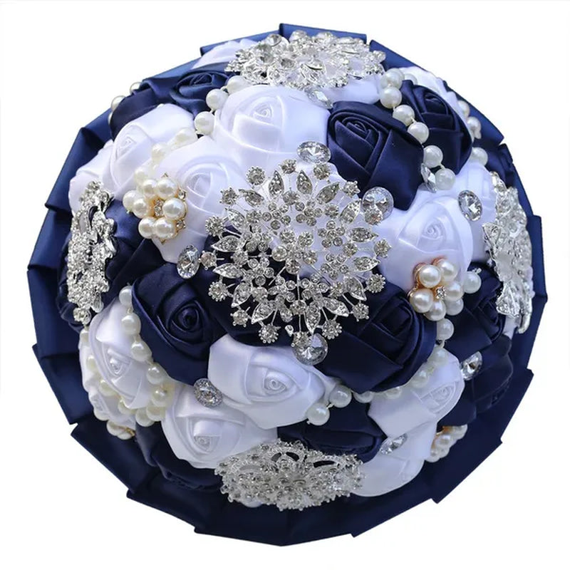 20CM Navy Blue & White Silk Rose Wedding Bouquet Pearl Rhinestone Brooch Bridal Bouquet Ribbon Artificial Flower Creative Holding Flowers