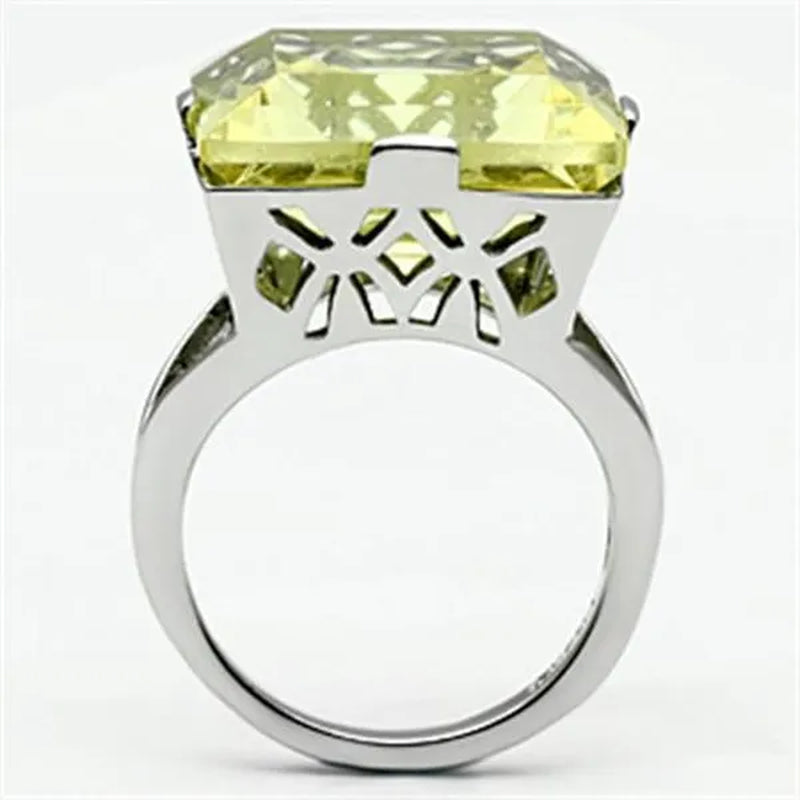 32.44Ct Princess Cut Citrine Yellow Cubic Zirconia Stainless Steel Cocktail Ring