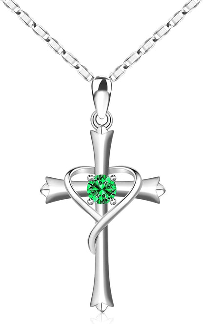 Hoh-Tech Cross Necklace for Women 925 Sterling Silver 5A CZ Birthstone Cross Pendant Necklaces Cross Jewelry Valentine'S Birthday Anniversary Wedding Christmas Mothers Day Gifts for Mom Wife