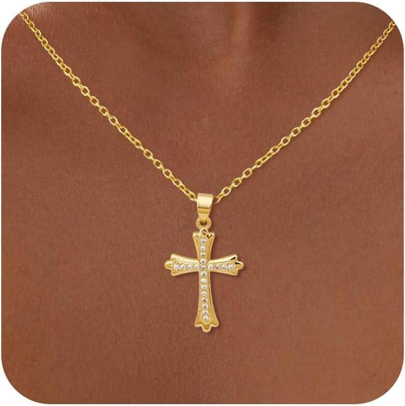 Cross Necklace for Women, 14K Gold Cross Necklaces for Women Trendy Dainty Gold Necklace Pearl Diamond Cross Pendant Necklaces Religious Christian Baptism Faith Jewelry for Woman