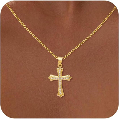 Cross Necklace for Women, 14K Gold Cross Necklaces for Women Trendy Dainty Gold Necklace Pearl Diamond Cross Pendant Necklaces Religious Christian Baptism Faith Jewelry for Woman