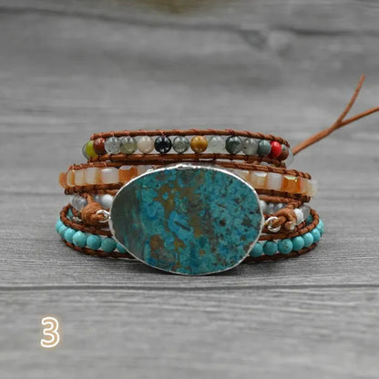Vintage Boho Handmade Turquoise Charm Natural Stone Beads Bracelets Adjustable Wrap Leather Bracelet Jewelry