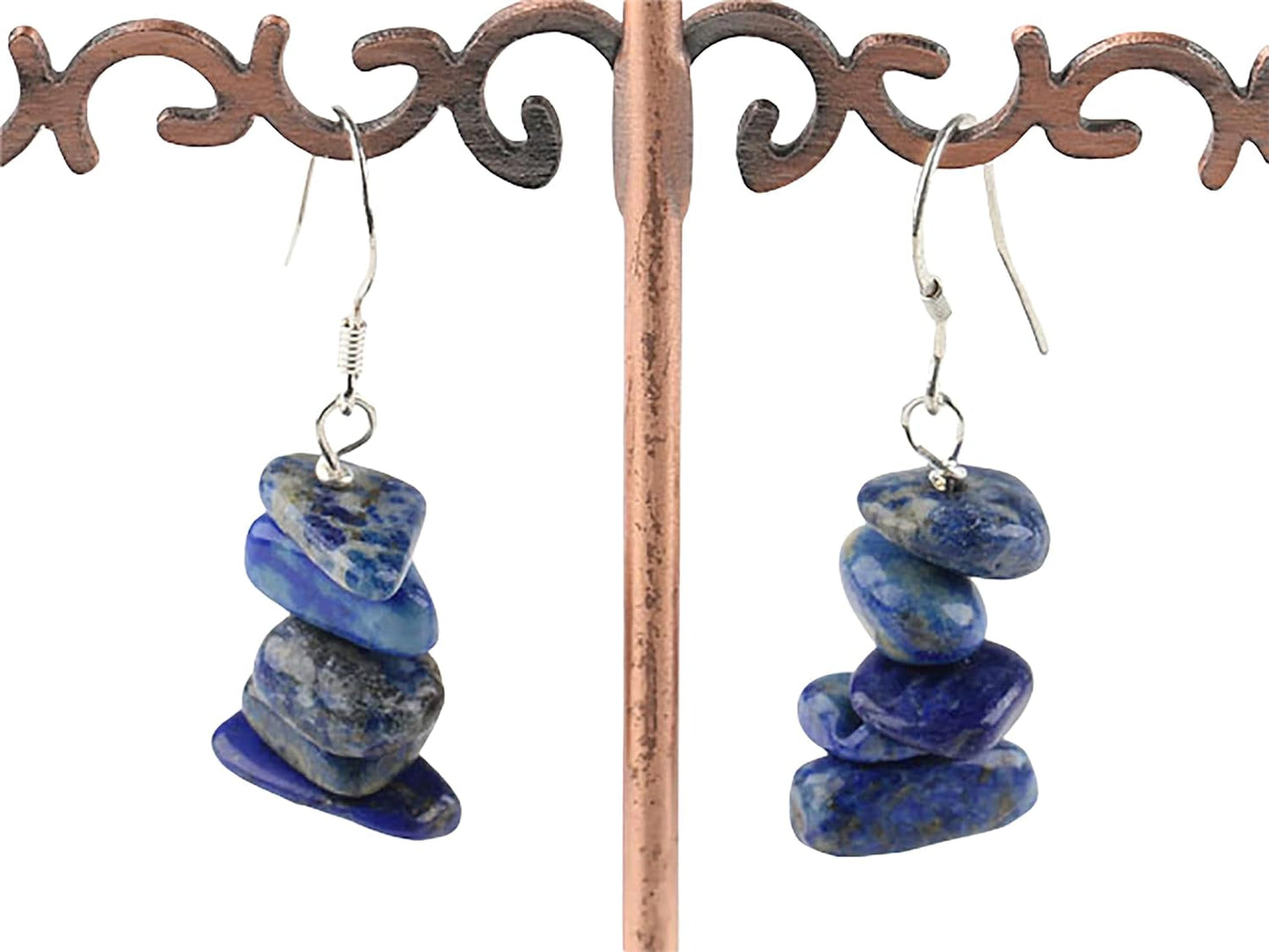 Lapis Lazuli Tumbled Stone Earrings Stacked Small Dangle Raw Crystal Earrings Lightweight Everyday Drop Earrings Blue Stone Dangling Earrings Birthstone Anniversary Gift (Silver + Lapis Lazuli)