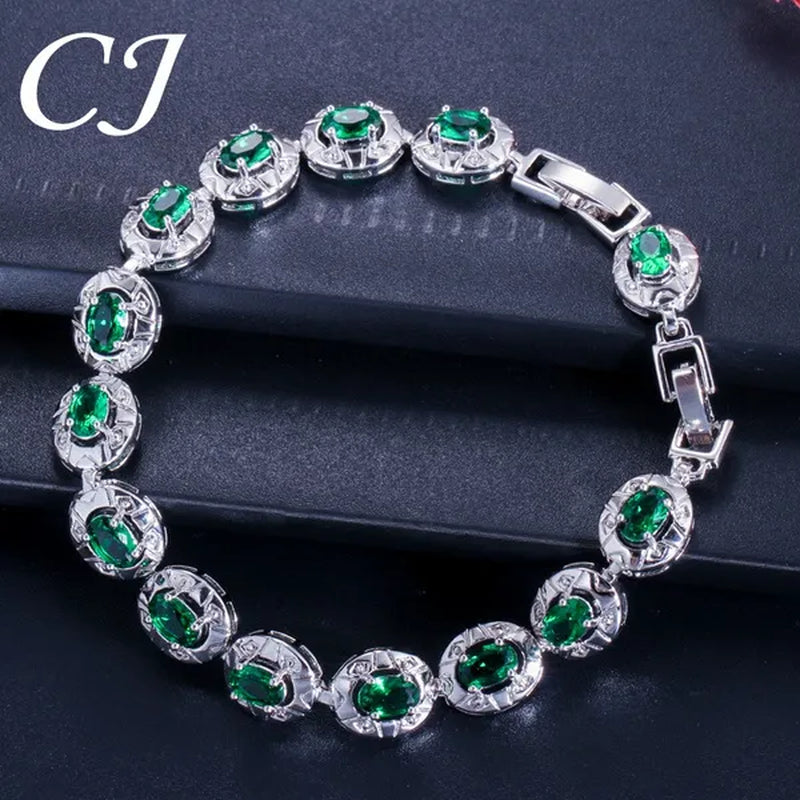 CANDICE Silver Plated Link Chain Bracelets Round Green Crystal Fashion Jewelry For Lady（Extended Clasp）