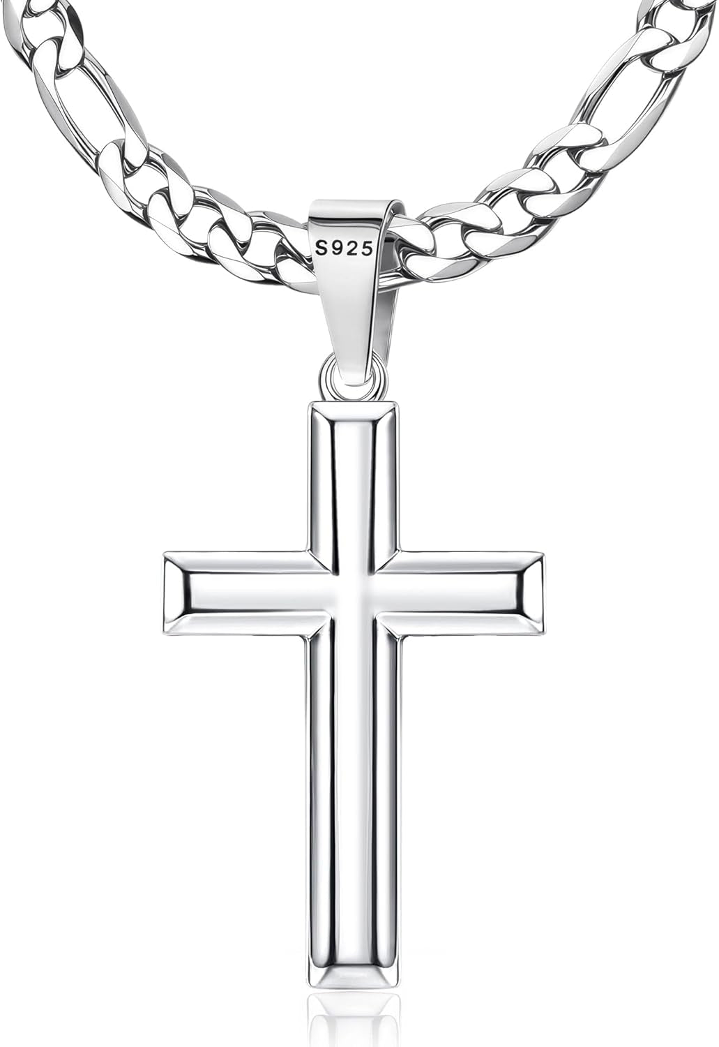 925 Sterling Silver Cross Necklace for Men Women - 5Mm Durable 316L Stainless Steel Figaro Link Chain with Beveled Edge Cross Pendant, Silver Crucifix Necklaces Jewelry, 16-30'' Christian Baptism Gift