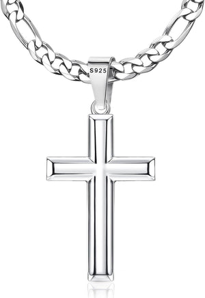 925 Sterling Silver Cross Necklace for Men Women - 5Mm Durable 316L Stainless Steel Figaro Link Chain with Beveled Edge Cross Pendant, Silver Crucifix Necklaces Jewelry, 16-30'' Christian Baptism Gift