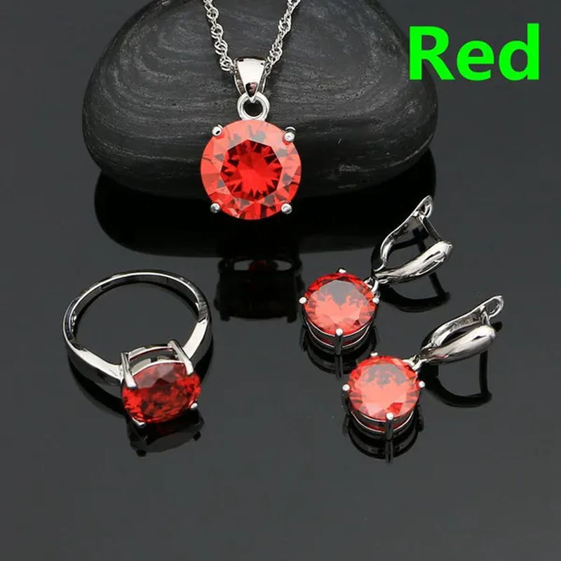 White Topaz 925 Sterling Silver Jewelry Ring Pendant Chain Earrings Set Classic Wedding Jewelry for Women Bride 3pcs