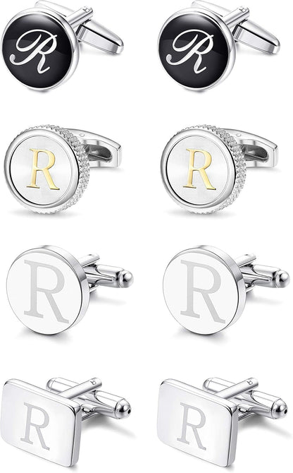 4Pairs Men'S Initial Letter Shirts Cufflinks Engraved Shirt Cufflink Alphabet Set Fashion Dazzle Tuxedo Cufflinks Business Wedding Father'S Daygift