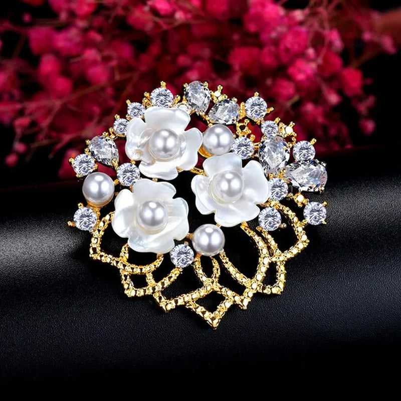 Gloriya Natural Shell Flower with Freshwater Pearl Exquisite Brooch Inlaid Sparkly AAA CZ Diamond Lapel Pin Jewelry Wedding Bouquets