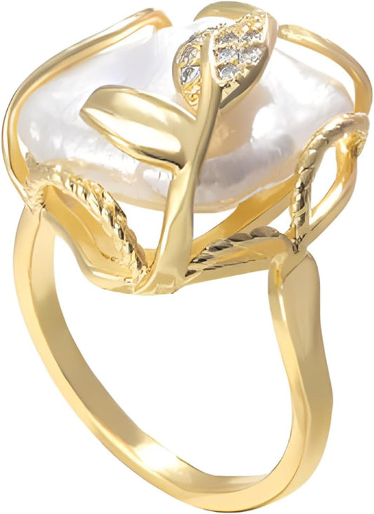 Irregular Pearl Ring, Baroque Pearl Leaf Shape Rhinestone Ring, Gold Vintage Pearl Stacking Ring, Open End Adjustable Statement Ring, Fashion Jewelry Ring Gift for Women
